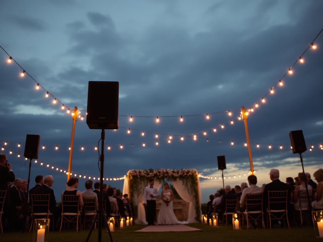 Outdoor wedding ceremony at dusk with string lighting and discreet speakers